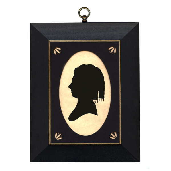 Early American Early American Dolly Madison Cloth Silhouette with Oval Matte and Black Frame with Gold Trim- 5″ x 7″ Framed to 7″ x 9″
