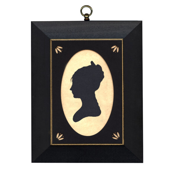 Martha Jefferson Cloth Silhouette with Oval Matte and Black Frame with Gold Trim- 5" x 7" Framed to 7" x 9"