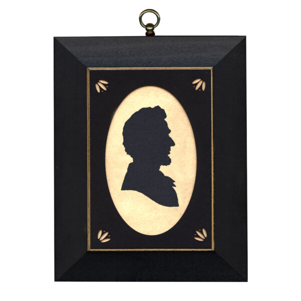 Early American Revolutionary/Civil War Abraham Lincoln Cloth Silhouette with Oval Matte and Black Frame with Gold Trim- 5″ x 7″ Framed to 7″ x 9″