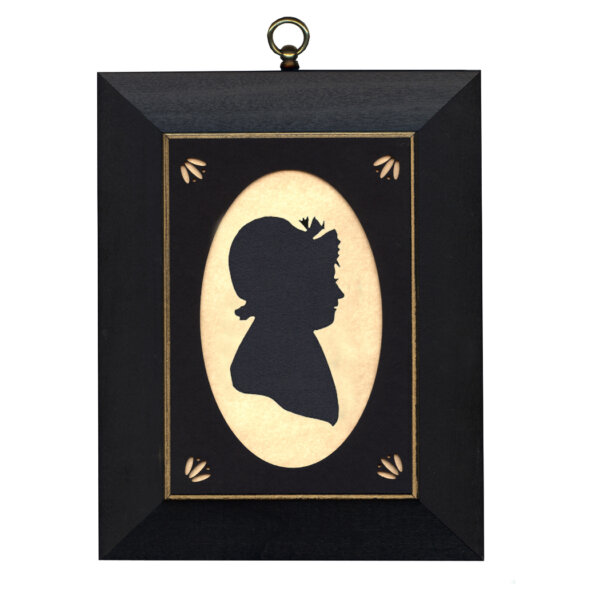 Early American Revolutionary/Civil War Abigail Adams Cloth Silhouette with Oval Matte and Black Frame with Gold Trim- 5″ x 7″ Framed to 7″ x 9″