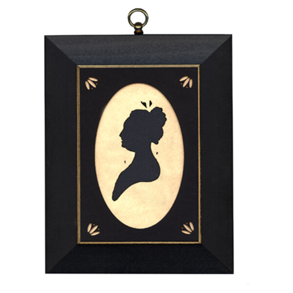 Early American Revolutionary/Civil War Martha Washington Cloth Silhouette with Oval Matte and Black Frame with Gold Trim- 5″ x 7″ Framed to 7″ x 9″
