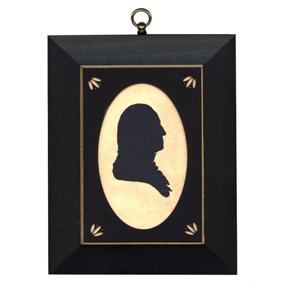 Early American Revolutionary/Civil War George Washington Cloth Silhouette with Oval Matte and Black Frame with Gold Trim- 5″ x 7″ Framed to 7″ x 9″