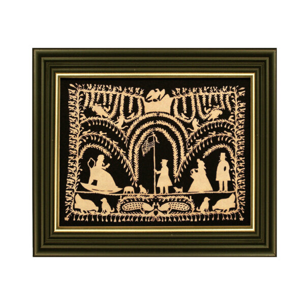 Scherenschnitte Early American 10″ x 12″ American Fantasy Scherenschnitte Paper Cutting in Black Frame with Gold Trim- Antique Vintage Style