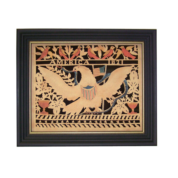 Scherenschnitte Early American America’s Eagle Reproduction Scherenschnitte Paper Cutting in Black Frame- An 8″ x 10″ framed to 10″ x 12″.