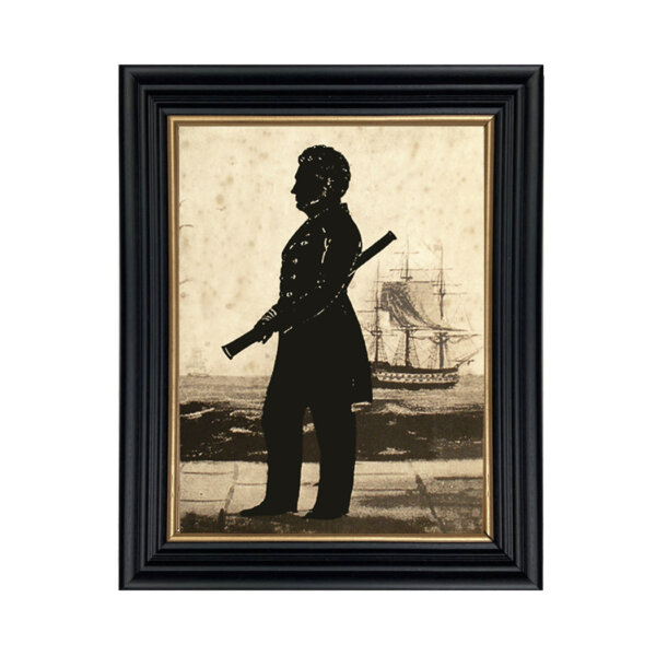 Nautical Nautical Sea Captain with Telescope Framed Paper Cut Silhouette over Printed Background in Black Wood Frame with Gold Trim. An 8 x 10″ framed to 10 x 12″.