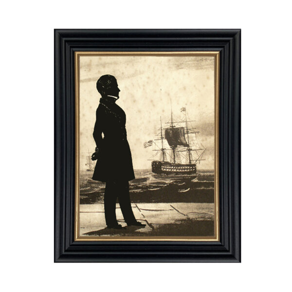 Commodore James Biddle Framed Paper Cut Silhouette over Printed Background in Black Wood Frame with Gold Trim. Framed to 10 x 12