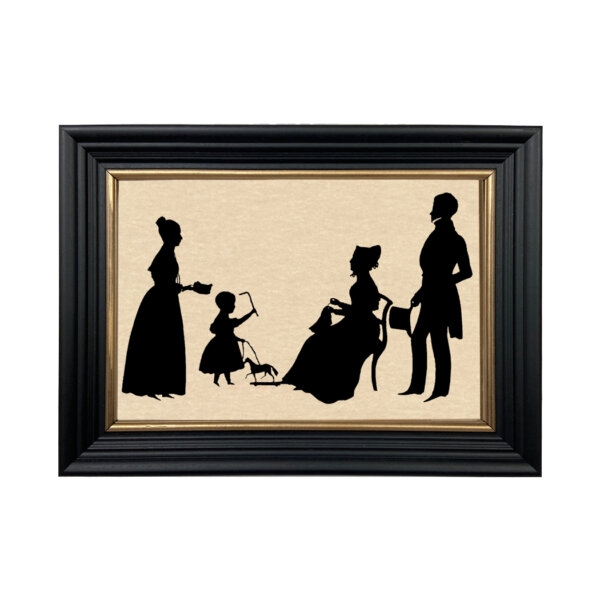 Parents with Two Daughters Framed Paper Cut Silhouette in Black Wood Frame with Gold Trim. An 6-3/4 x 10