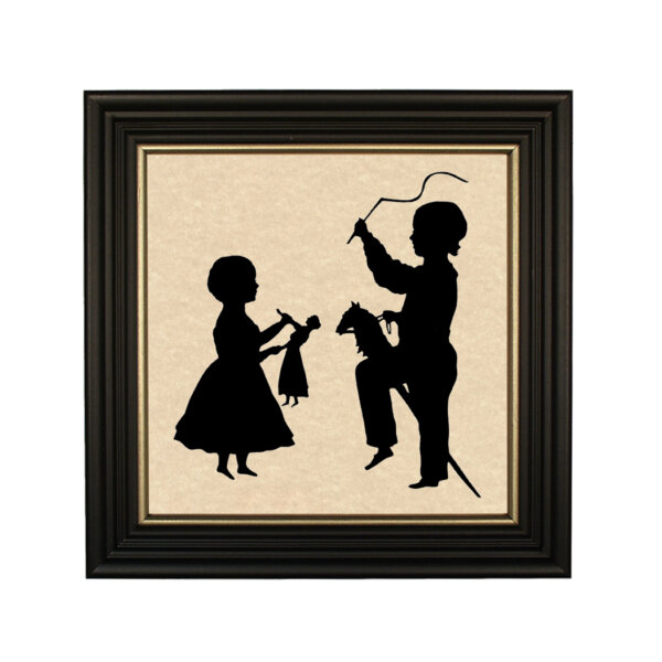 Early American Early American Children with Toys Framed Paper Cut Silhouette in Black Wood Frame with Gold Trim. An 8 x 8″ framed to 10 x 10″.