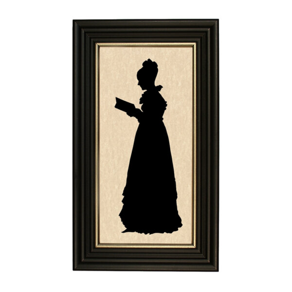 Bonita Reading a Book Framed Paper Cut Silhouette in Black Wood Frame with Gold Trim. A 5