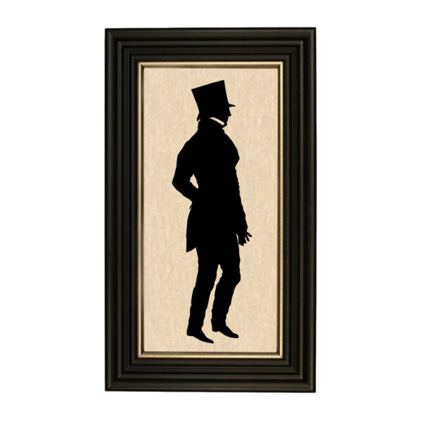 Early American Early American James in Top Hat Framed Paper Cut Silhouette in Black Wood Frame with Gold Trim. A 5″ x 10″ framed to 7″ x 12″.