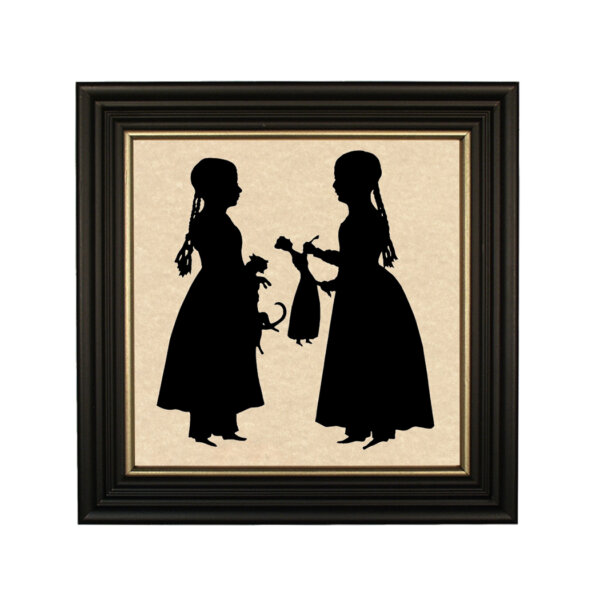 Early American Early American Girls with Toys Framed Paper Cut Silhouette in Black Wood Frame with Gold Trim. An 8 x 8″ framed to 10 x 10″.