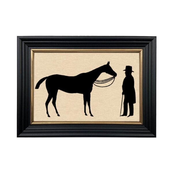 Early American Early American Horse and Master Framed Paper Cut Silhouette in Black Wood Frame with Gold Trim. An 6-3/4 x 10″ framed to 8-3/4 x 12″.