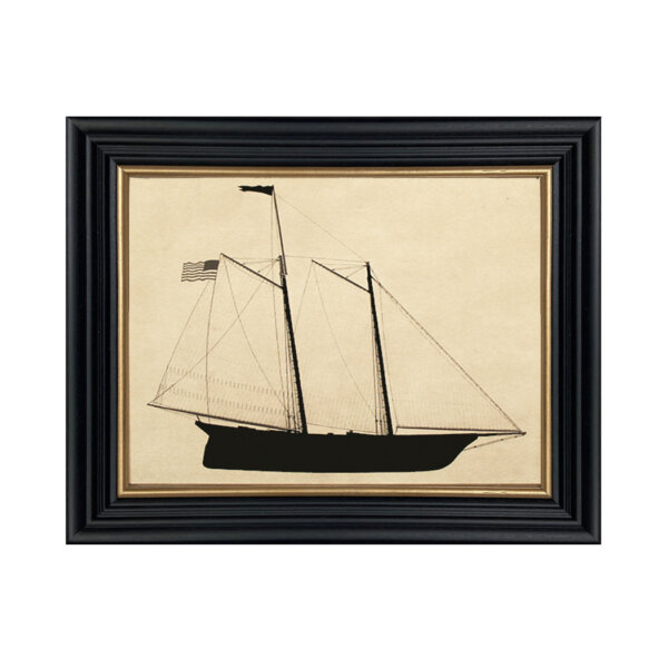 America 1851 First America Cup Winner Framed Paper Silhouette over Printed Background in Black Wood Frame with Gold Trim. An 8 x 10