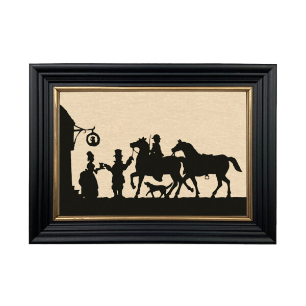 Equestrian/Fox Equestrian Two Hunters at an Inn Paper Cut Silhouette in Black Frame with Gold Trim- Framed to 8-3/4″ x 12″.
