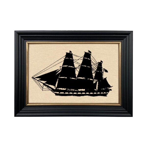 USS Constellation Ship Framed Paper Cut Silhouette in Black Wood Frame with Gold Trim. An 6-3/4 x 10