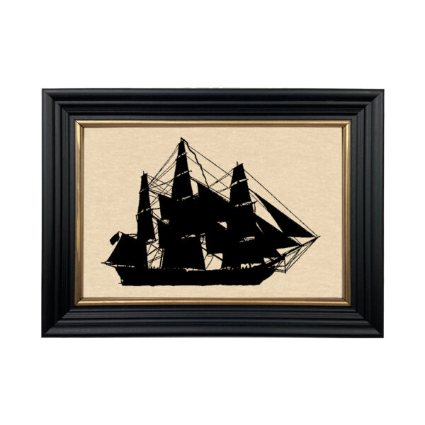 Framed Silhouettes Nautical Merchant Ship Framed Paper Cut Silhouette in Black Wood Frame with Gold Trim. An 6-3/4 x 10″ framed to 8-3/4 x 12″.