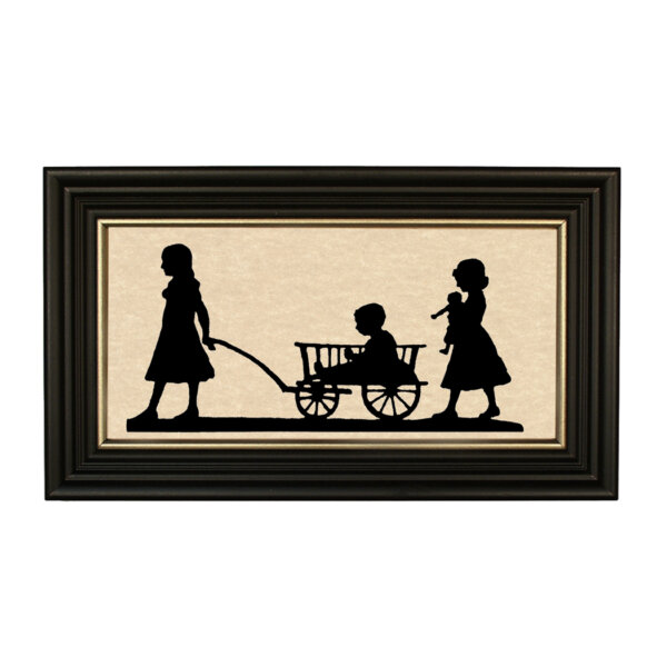 Early American Early American Wagon Ride Framed Paper Cut Silhouette in Black Wood Frame with Gold Trim. A 5″ x 10″ framed to 7″ x 12″.