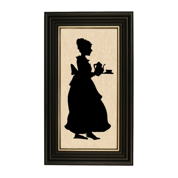 Early American Early American Colonial Woman Serving Tea Framed Paper Cut Silhouette in Black Wood Frame with Gold Trim. A 5″ x 10″ framed to 7″ x 12″.