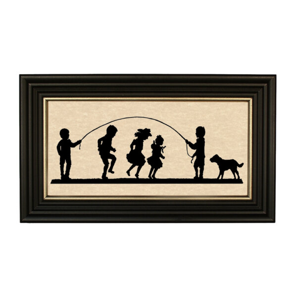 Early American Early American Jumping Rope Framed Paper Cut Silhouette in Black Wood Frame with Gold Trim. A 5″ x 10″ framed to 7″ x 12″.