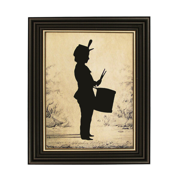 Civil War Drummer Boy Framed Paper Cut Silhouette with Printed Background in Black Wood Frame with Gold Trim. A 6 x 8" framed to 8 x 10".