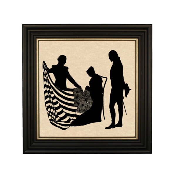 George Washington and Betsy Ross Framed Paper Cut Silhouette in Black Wood Frame with Gold Trim. An 8" x 8" framed to 10" x 10".