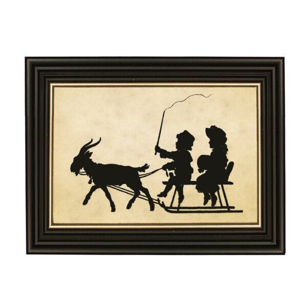 Goat Sled Ride Paper Cut Silhouette in Black Frame with Gold Trim- Framed to 8-3/4