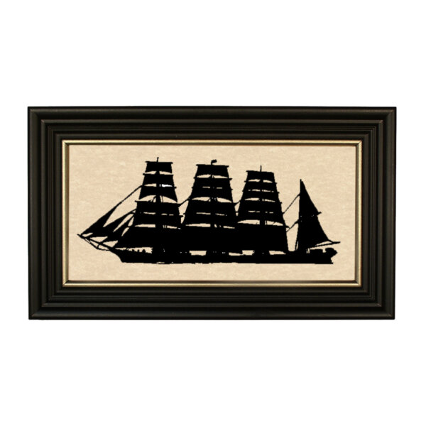 Framed Silhouettes Nautical Cargo Ship Framed Paper Cut Silhouette in Black Wood Frame with Gold Trim. A 5″ x 10″ framed to 7″ x 12″.