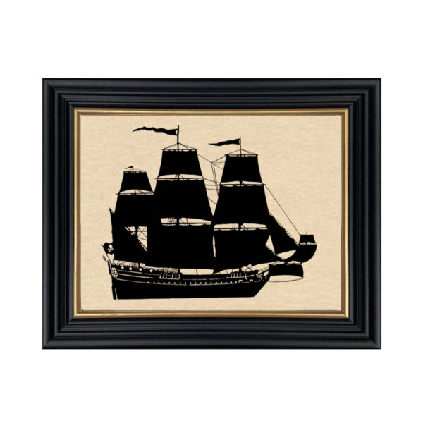 Adventure Galley Pirate Captain William Kidd's Ship Framed Paper Cut Silhouette in Black Wood Frame with Gold Trim. An 8 x 10