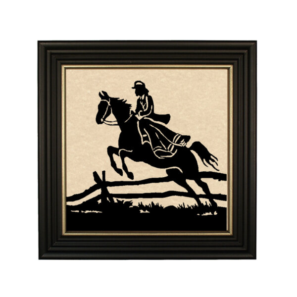Equestrian/Fox Equestrian Woman Rider Jumping Fence Silhouette in Black Frame with Gold Trim- Framed to 10″ x 10″
