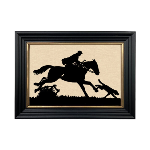Equestrian/Fox Equestrian Huntsman and Hound Equestrian Framed Paper Cut Silhouette in Black Wood Frame with Gold Trim. A 6-3/4 x 10″ framed to 8-3/4 x 12″.