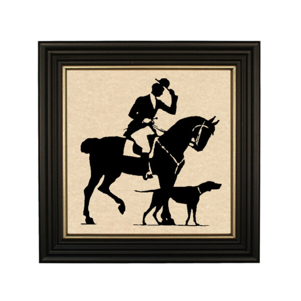 Equestrian/Fox Equestrian Man with Dog Framed Paper Cut Silhouette in Black Wood Frame with Gold Trim. An 8 x 8″ framed to 10 x 10″.