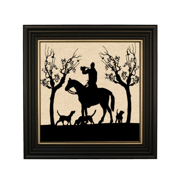 Equestrian/Fox Equestrian Huntsman and Bugle Framed Paper Cut Silhouette in Black Wood Frame with Gold Trim. An 8″ x 8″ framed to 10″ x 10″
