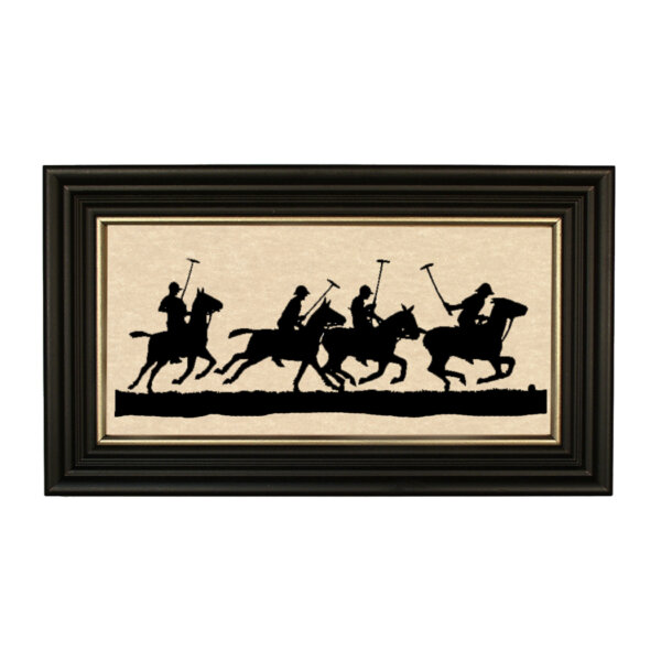 Equestrian/Fox Equestrian Polo Team Framed Paper Cut Silhouette in Black Wood Frame with Gold Trim. A 5″ x 10″ framed to 7″ x 12″.
