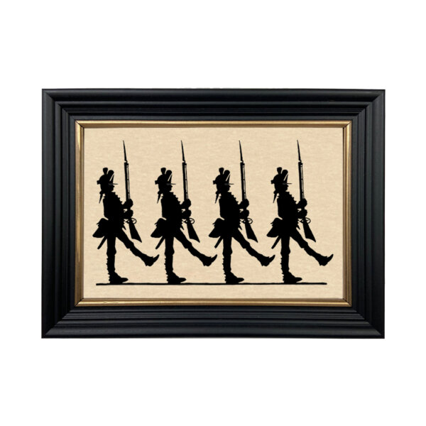 Colonial Soldiers Framed Paper Cut Silhouette in Black Wood Frame with Gold Trim. An 6-3/4 x 10" framed to 8-3/4 x 12".
