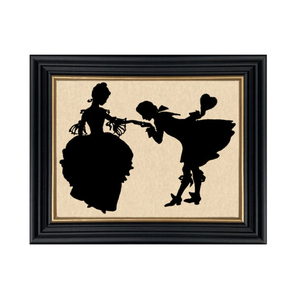 Framed Silhouettes Valentines Man and Woman with Valentine Framed Paper Cut Silhouette in Black Wood Frame with Gold Trim. Framed to 10″ x 12″.