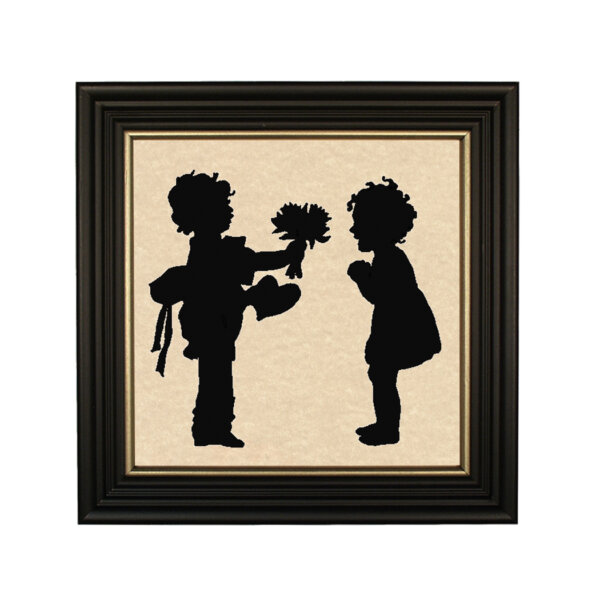 Framed Silhouettes Valentines Boy and Girl with Valentine Framed Paper Cut Silhouette in Black Wood Frame with Gold Trim. Framed to 10 x 10″.