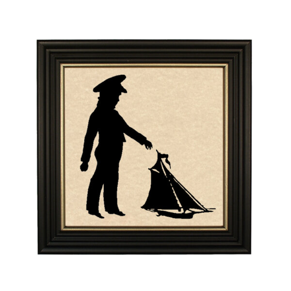 Framed Silhouettes Nautical Boy with Pond Boat Framed Paper Cut Silhouette in Black Wood Frame with Gold Trim. Framed to 10 x 10″.