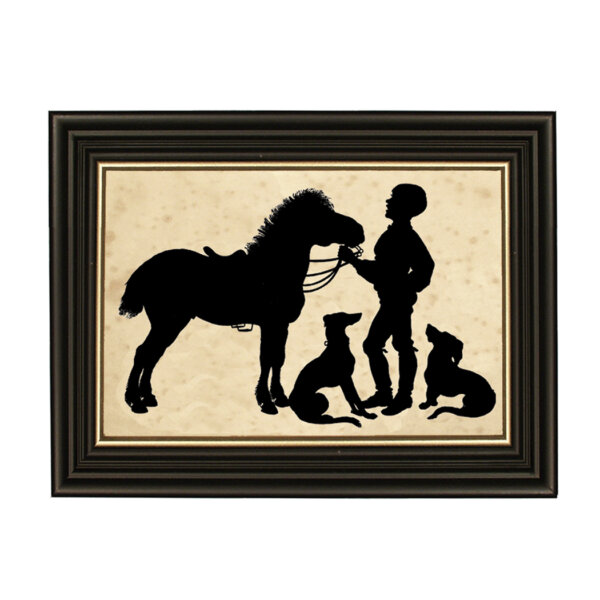 Equestrian/Fox Equestrian Boy with Pony and Dogs Framed Paper Cut Silhouette in Black Wood Frame with Gold Trim. Framed to 10 x 12″.