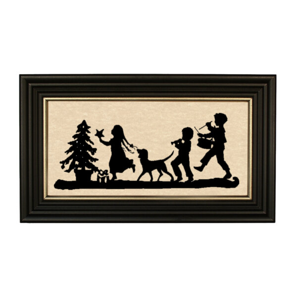 Christmas Christmas Deck the Tree Framed Paper Cut Silhouette in Black Wood Frame with Gold Trim. A 5″ x 10″ framed to 7″ x 12″.