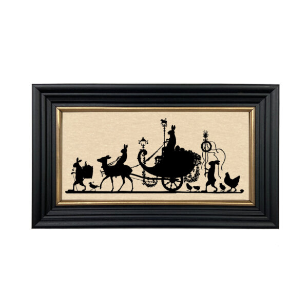 Bunny Parade Framed Paper Cut Silhouette in Black Wood Frame with Gold Trim. A 5" x 10" framed to 7" x 12".