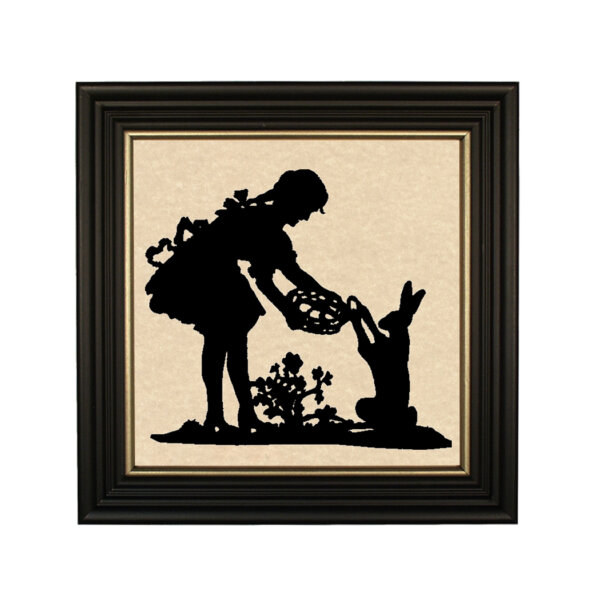 Little Girl Gathering Eggs Framed Paper Cut Silhouette in Black Wood Frame with Gold Trim. Framed to 10 x 10