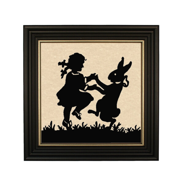 Bunny Dance Framed Paper Cut Silhouette in Black Wood Frame with Gold Trim- Framed to 10 x 10".