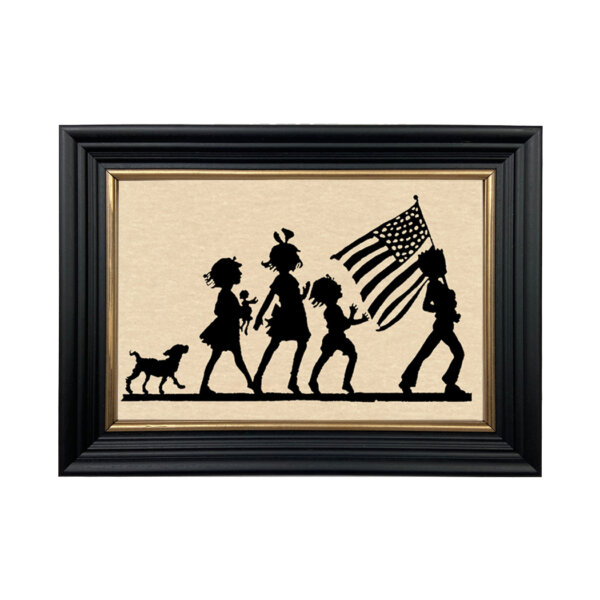 4th of July Parade Framed Paper Cut Silhouette in Black Wood Frame with Gold Trim. An 6-3/4 x 10