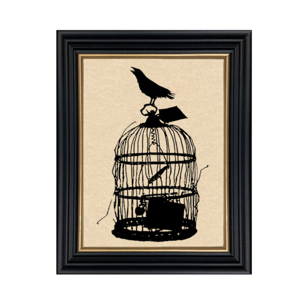 Framed Silhouettes Crow Cage Framed Paper Cut Silhouette in Black Wood Frame with Gold Trim. An 8 x 10″ framed to 10 x 12″.