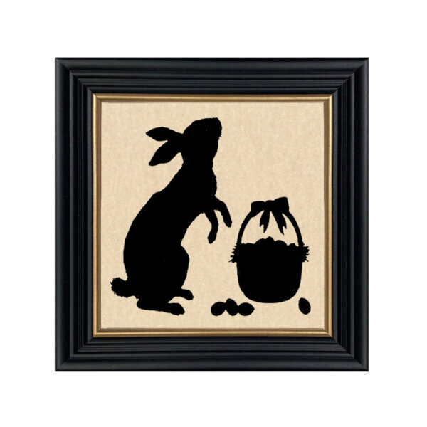 Curious Bunny Framed Paper Cut Silhouette in Black Wood Frame with Gold Trim. Framed to 10 x 10".