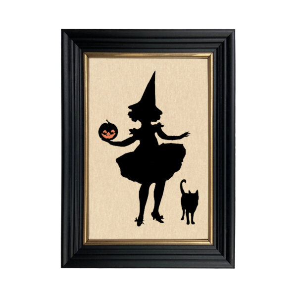 Girl Witch Holding Jack-O-Lantern with Her Cat Cut Framed Halloween Silhouette
