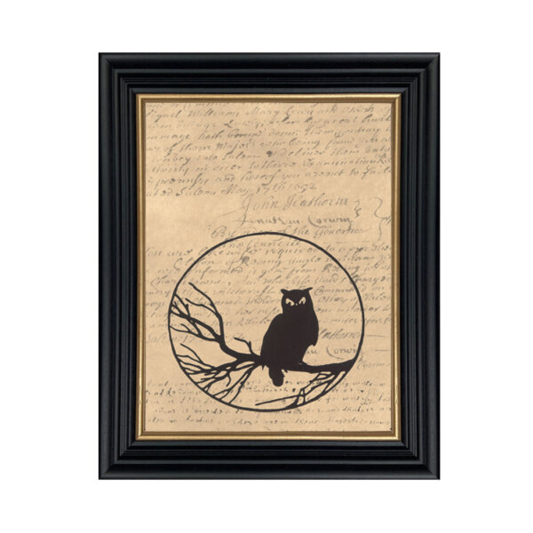 Framed Silhouettes Owl in Tree Framed Paper Cut Silhouette with Printed Background in Black Wood Frame with Gold Trim. An 8 x 10″ framed to 10 x 12″.