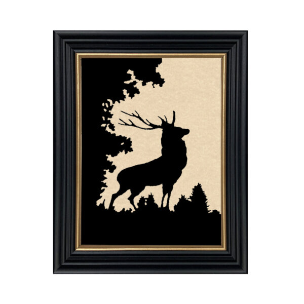 Stag in Forest Framed Paper Cut Silhouette in Black Wood Frame with Gold Trim. An 8 x 10" framed to 10 x 12".