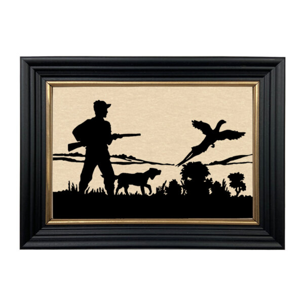 Hunting Pheasant Framed Paper Cut Silhouette in Black Wood Frame with Gold Trim