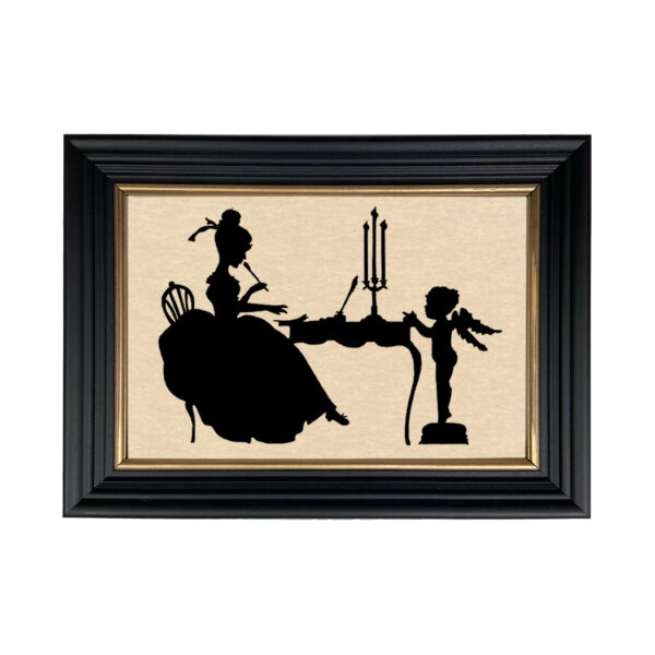 Framed Silhouettes Valentines Consulting Cupid Framed Paper Cut Silhouette in Black Wood Frame with Gold Trim. Framed to 8-3/4 x 12″.